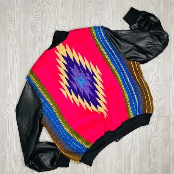 vintage Roper rodeo blue blanket /woven tapestry jacket coat leather like sleeve - Picture 6 of 10